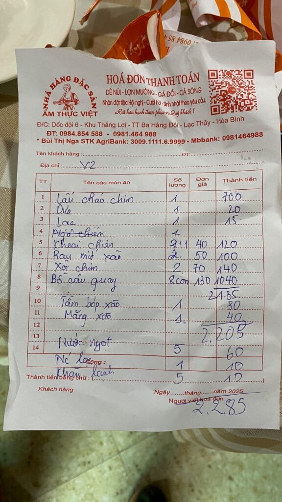 Hoá đơn nhà hàng Ẩm Thực Việt , Hoà Bình
