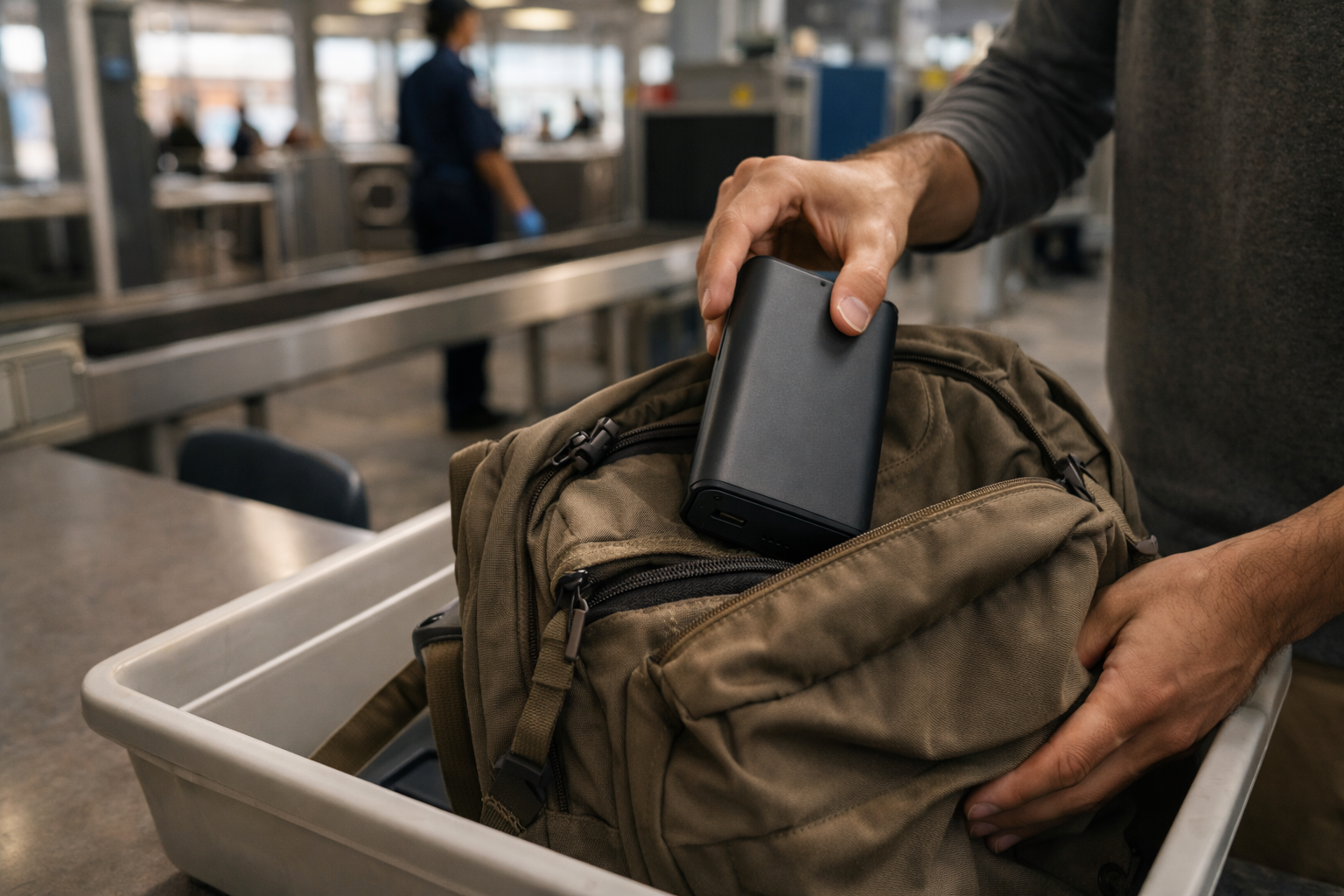 Pin dự phòng đặt trong balo xách tay tại sân bay