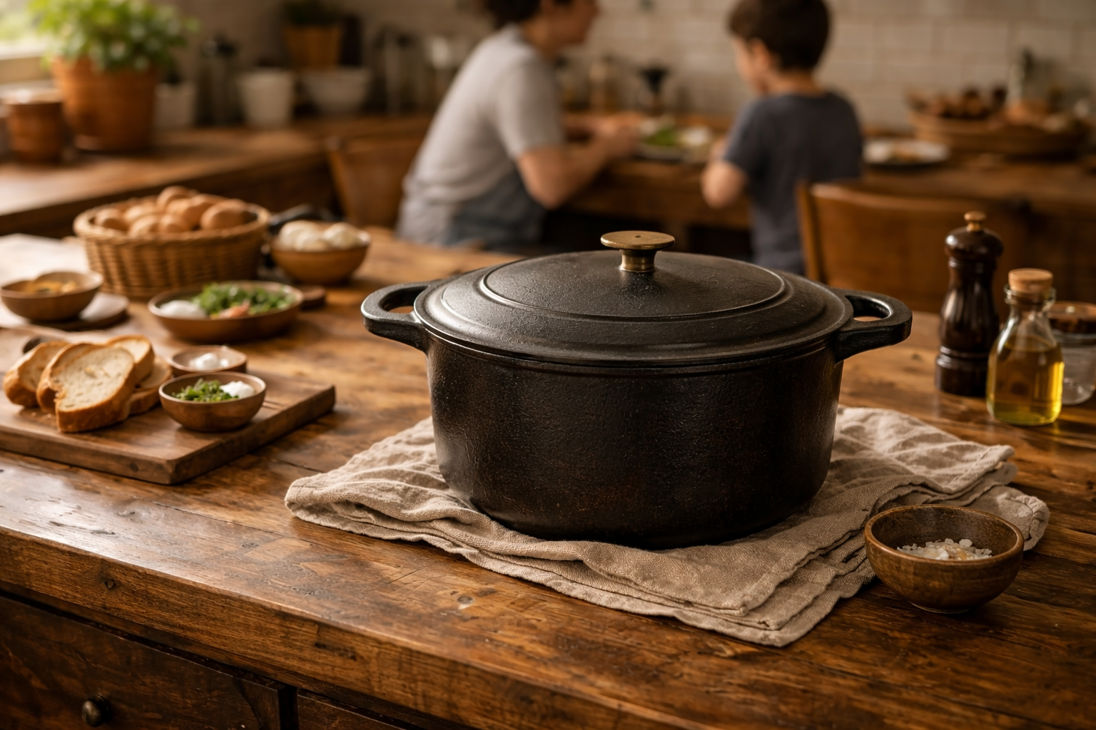 Căn bếp gia đình với nồi gang sử dụng lâu dài và bền bỉ