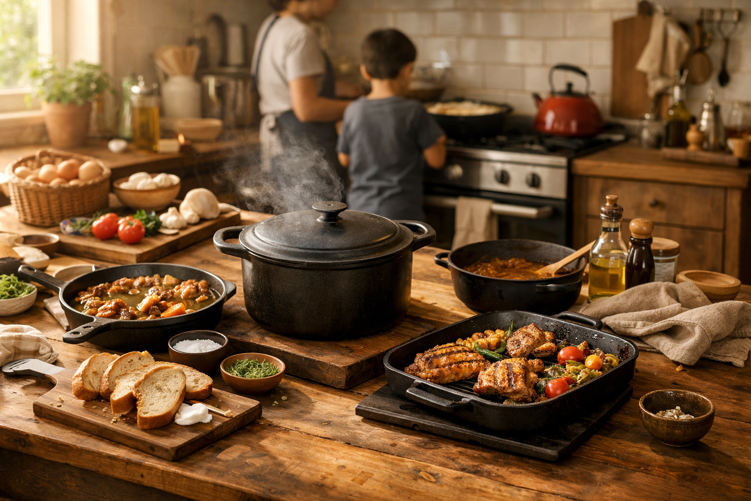 Dụng cụ nấu ăn bằng gang bền bỉ trong không gian bếp gia đình
