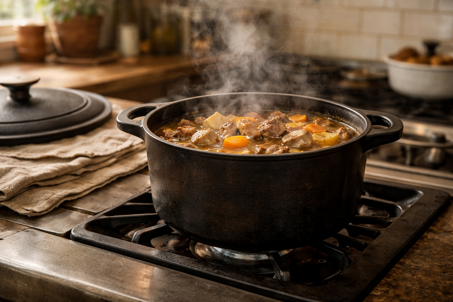 Nồi gang giữ nhiệt tốt khi nấu ăn chậm trong căn bếp gia đình