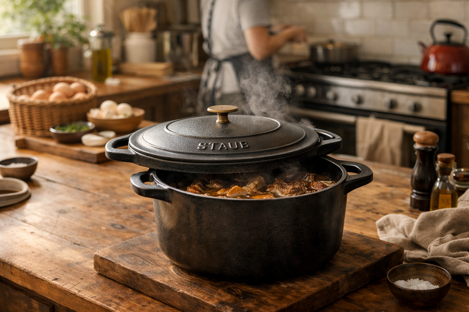 Nồi gang Staub trong căn bếp gia đình sử dụng lâu dài