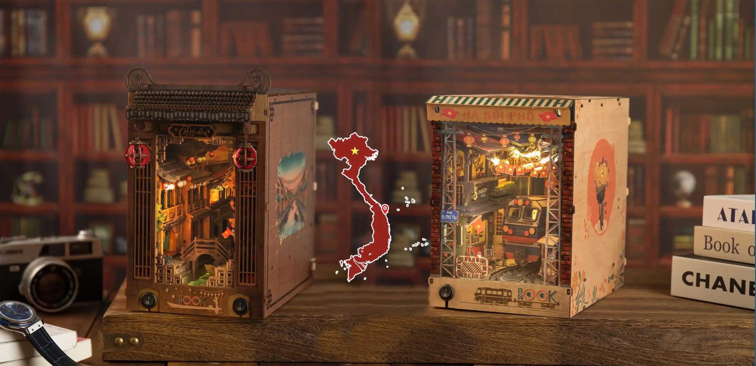 So sánh ba mẫu book nook đặt cạnh nhau trên kệ sách