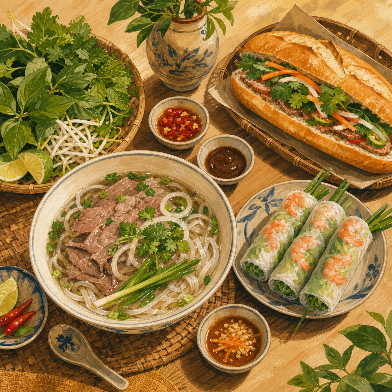 Minh hoạ mâm món Việt gồm phở, bánh mì, gỏi cuốn, rau thơm và nước chấm.